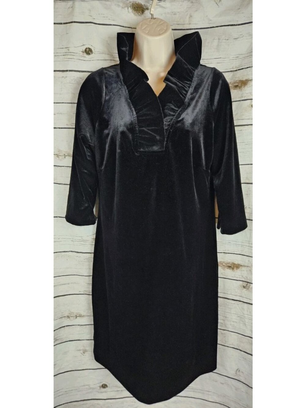 Gretchen Scott Black Velvet Shift Dress M Ruffle Neck 3/4 Sleeves Midi